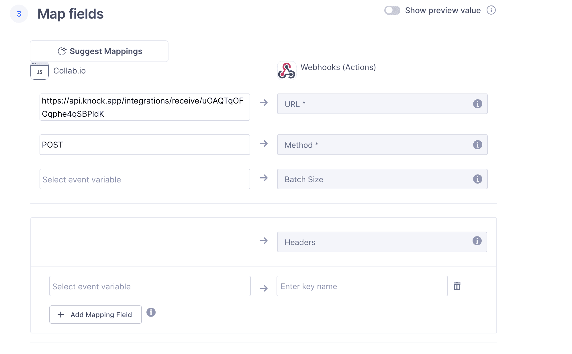 The Segment Map fields step showing the Knock webhook URL in the URL field