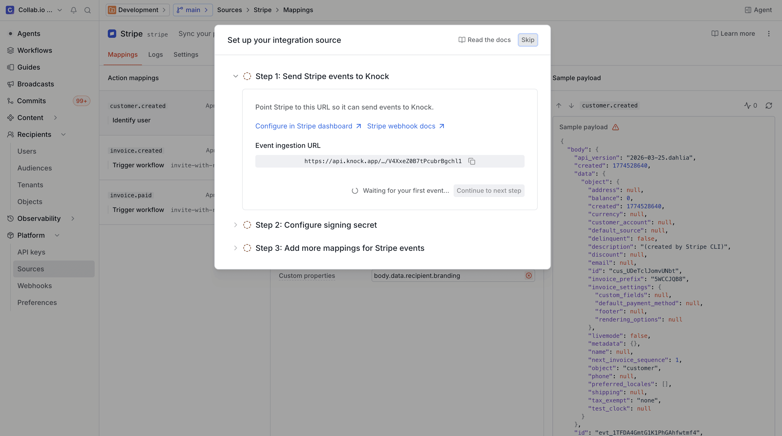 The Stripe source setup wizard showing the event ingestion URL to copy